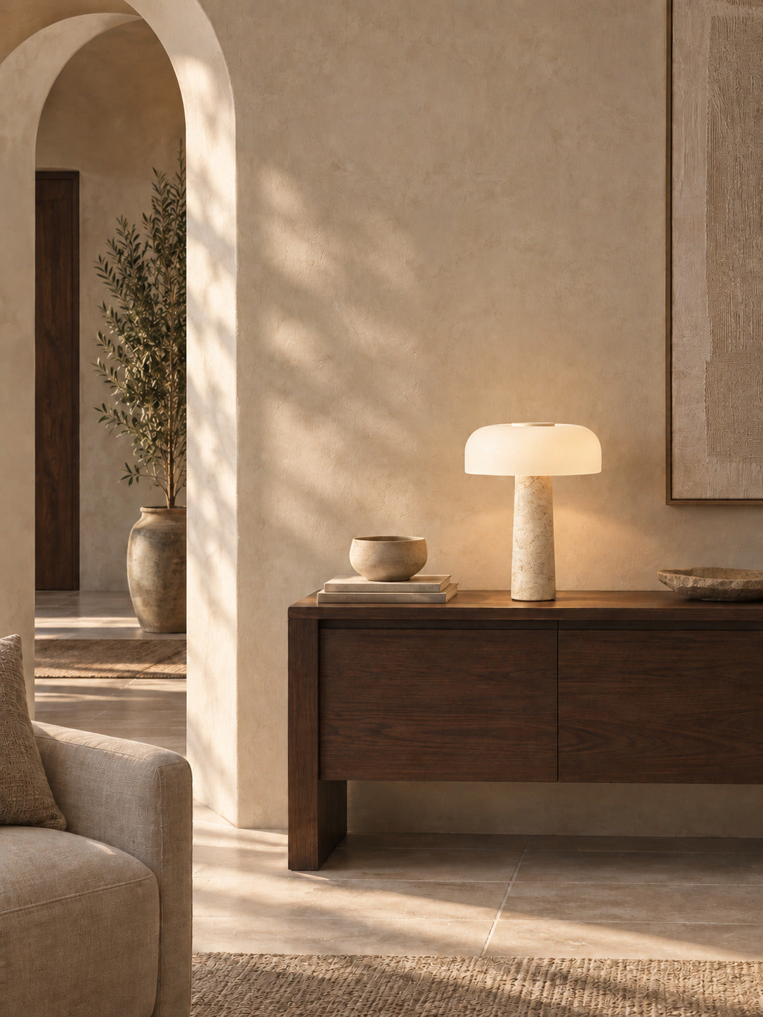 The Caelum lamp lit on a walnut console in a sunlit salon, a stone bowl beside it and an olive tree in the archway beyond.